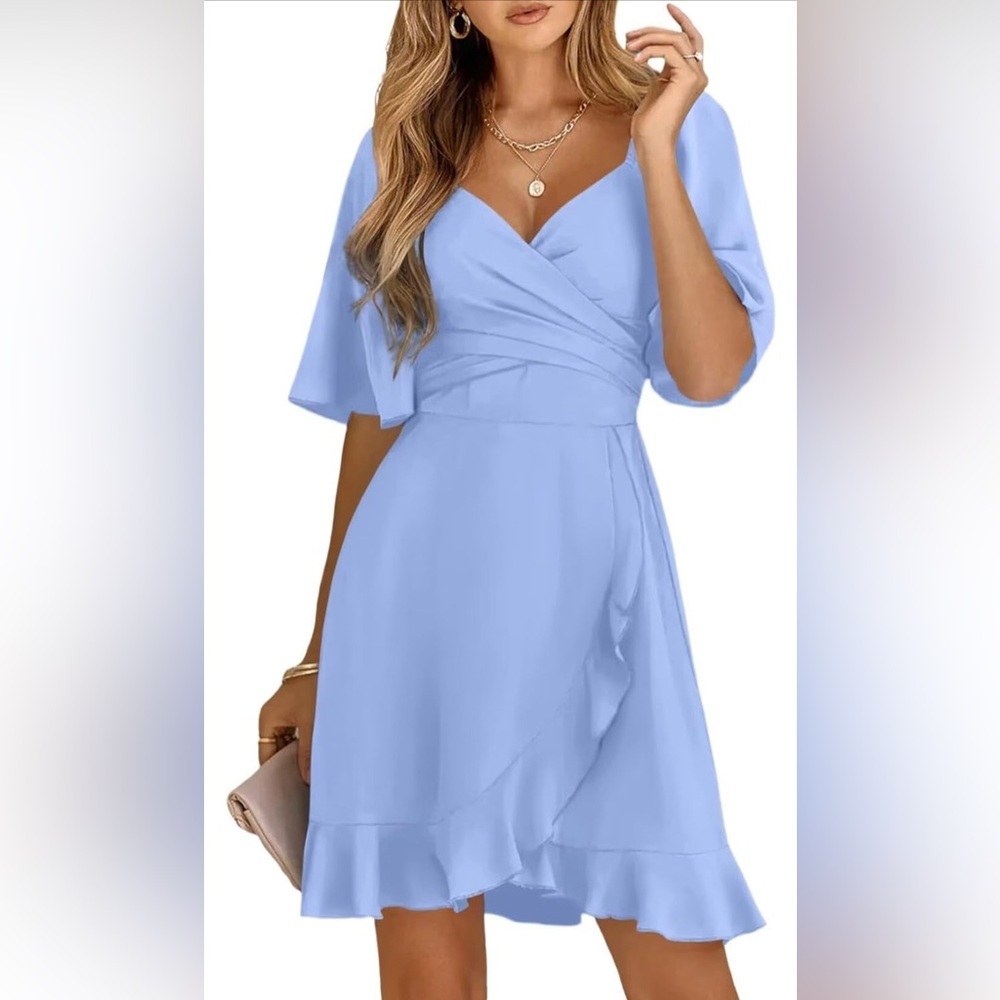 Dokotoo Wrap VNeck Short Flared Sleve Smocked Elastic Waist Tiered Belted dress